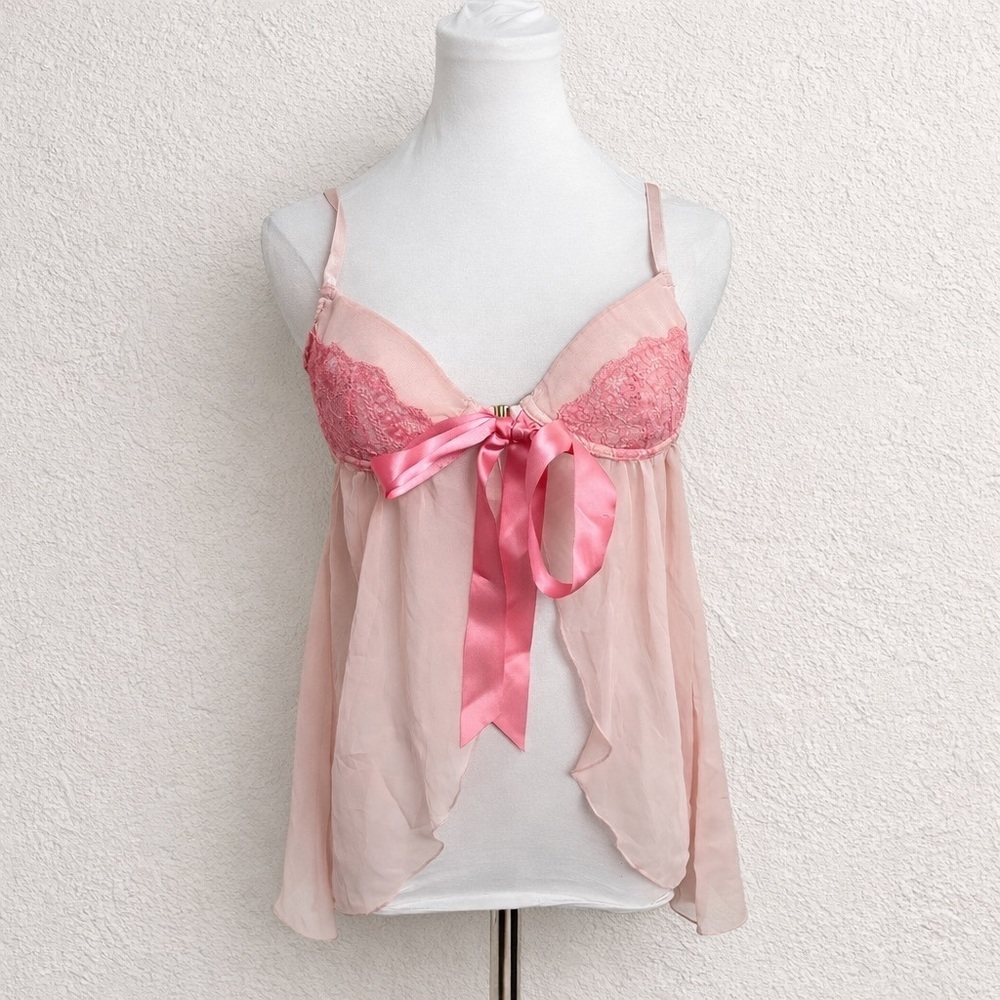 Vintage Y2K Sheer Babydoll Cami Pink Lace Bow Lingerie Top Coquette Fairycore S
